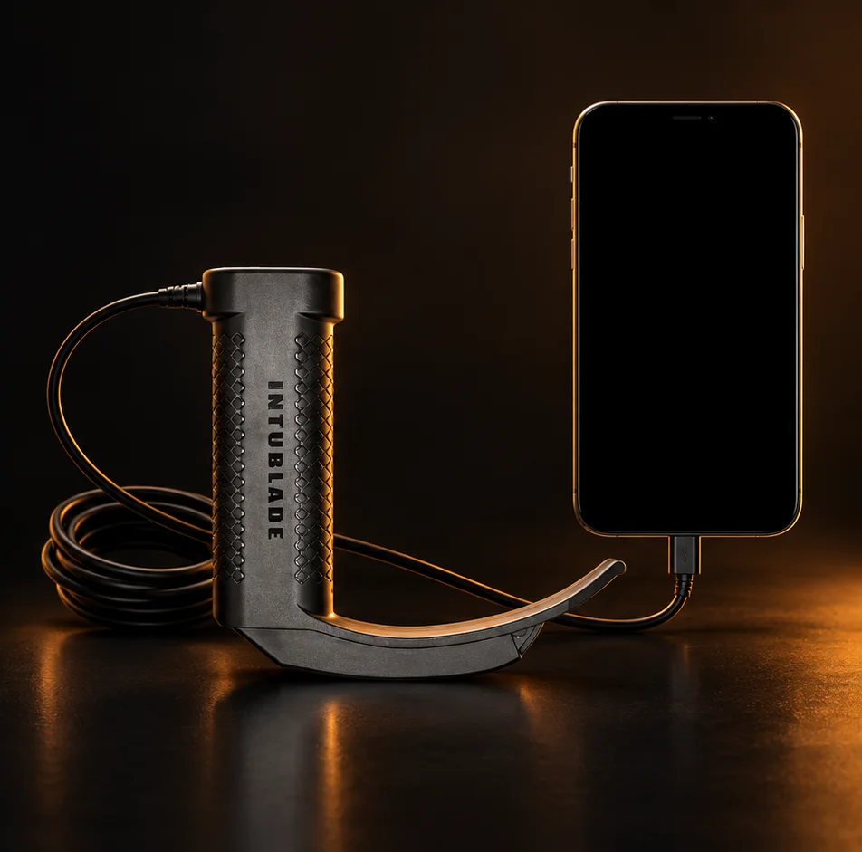 IntuBlade single-use video laryngoscope connected by USB-C to a smartphone