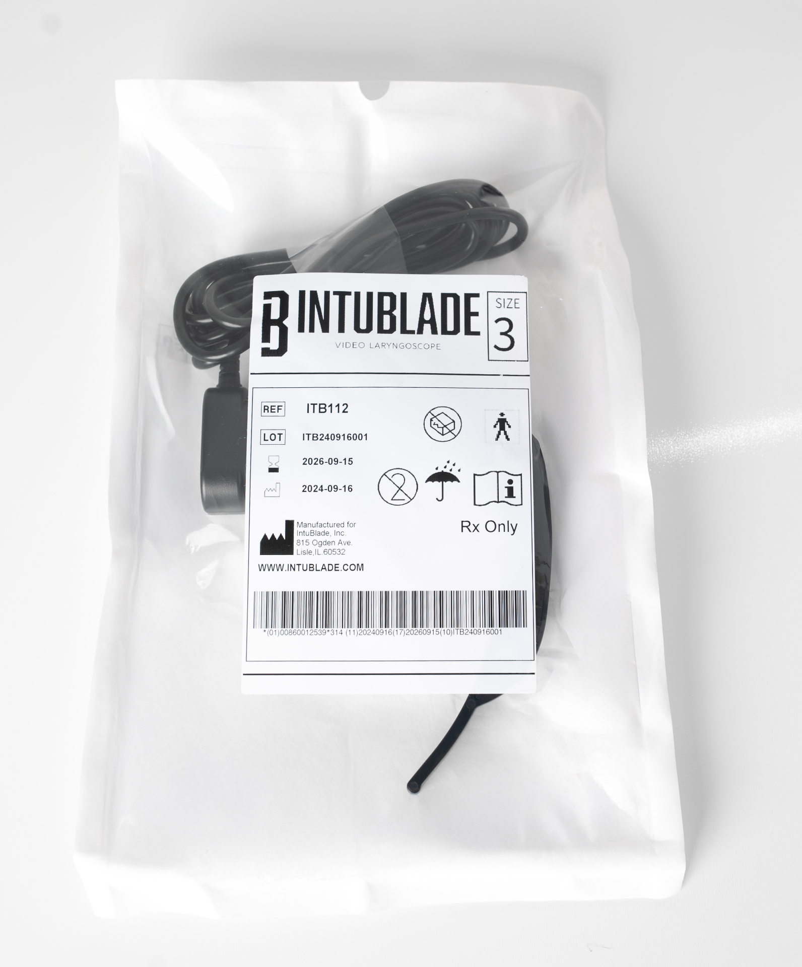 IntuBlade single-use video laryngoscope blade in sealed packaging