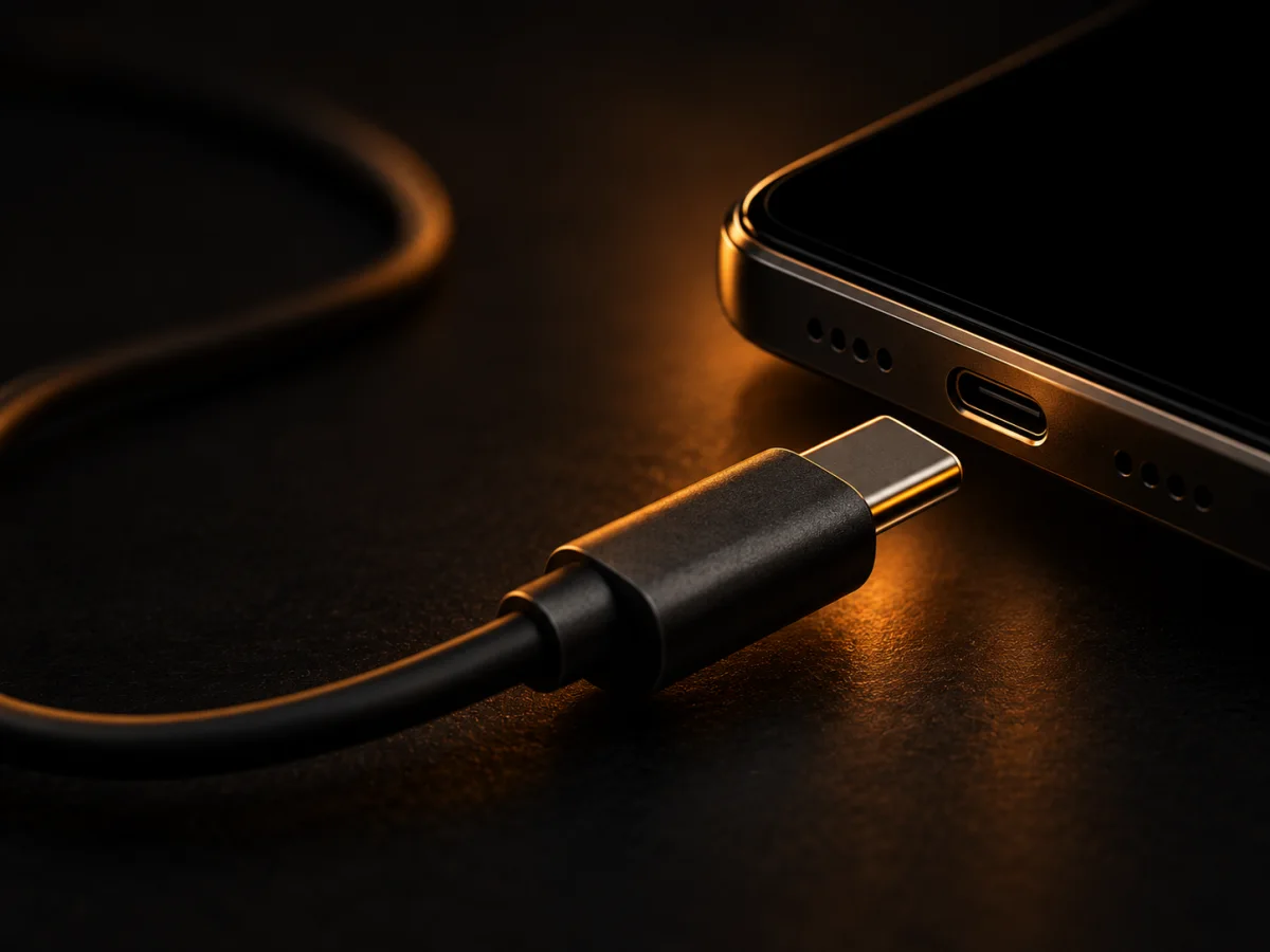 USB-C plug entering a smartphone port, IntuBlade handle behind it